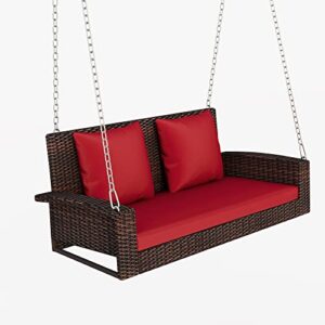 Eafurn 2-Person Wicker Hanging Porch Swing, Outdoor Patio Rattan Bench Loveseat Chair with Sturdy Steel Chain/Back and Seat Cushion and Pillows, Suitable for Deck, Backyard, Garden, Brown+Red