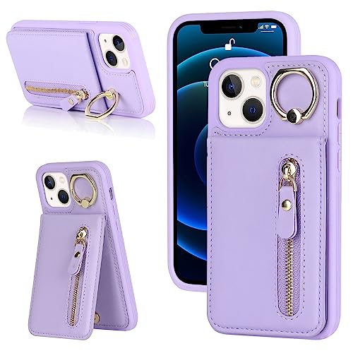 DEYHU iPhone 13 Mini Case with Card Holder for Women, iPhone 13 Mini Phone Case Wallet with Credit Card with Ring Kickstand Zipper Shockproof Slim Stand Case for iPhone13mini - Purple