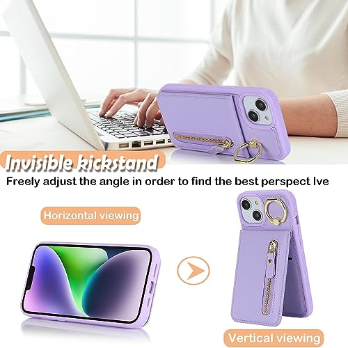 DEYHU iPhone 13 Mini Case with Card Holder for Women, iPhone 13 Mini Phone Case Wallet with Credit Card with Ring Kickstand Zipper Shockproof Slim Stand Case for iPhone13mini - Purple