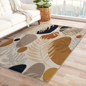 boho area rugs 5x7 for bedroom living room - palm leaf carpet for room decor, tropical printed floor rug for home decorative, washable & non slip & soft low pile indoor mat