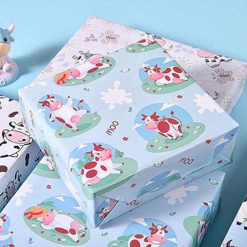 Sikiweiter Cow Print Wrapping Paper - Farmer Wrapping Paper, 12 Sheets Cute Cow Wrapping Paper for Birthday Baby Shower Christmas, 19.7 x 27.6 Inches Per Sheet