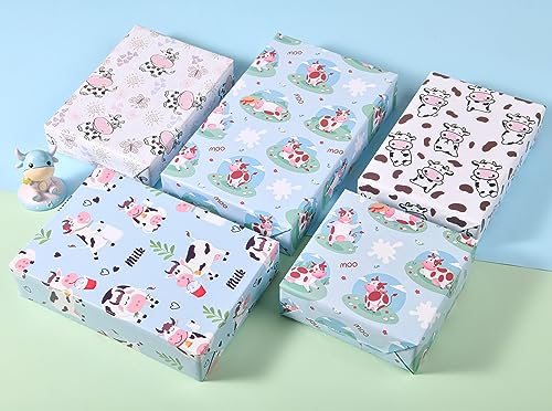 Sikiweiter Cow Print Wrapping Paper - Farmer Wrapping Paper, 12 Sheets Cute Cow Wrapping Paper for Birthday Baby Shower Christmas, 19.7 x 27.6 Inches Per Sheet