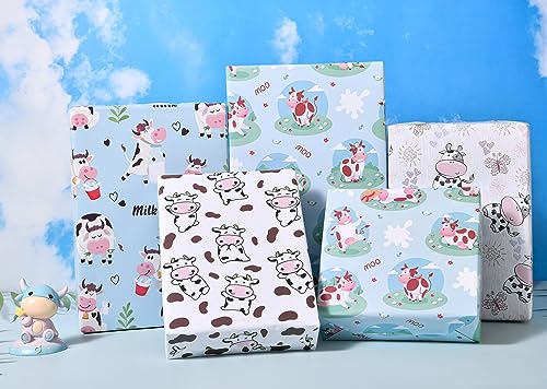 Sikiweiter Cow Print Wrapping Paper - Farmer Wrapping Paper, 12 Sheets Cute Cow Wrapping Paper for Birthday Baby Shower Christmas, 19.7 x 27.6 Inches Per Sheet