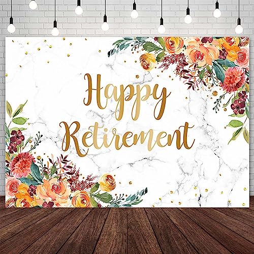 AIBIIN 7x5ft Happy Retirement Backdrop for Women Gold Glitter Floral Party Decorations Grain of Marble Official Retirement Party Banner Photo Studio Props