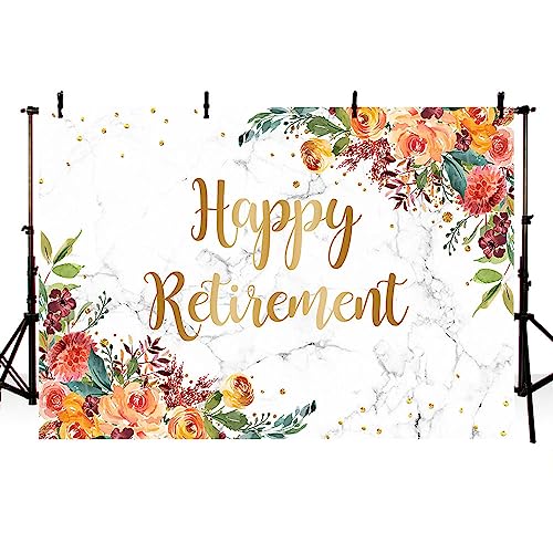 AIBIIN 7x5ft Happy Retirement Backdrop for Women Gold Glitter Floral Party Decorations Grain of Marble Official Retirement Party Banner Photo Studio Props