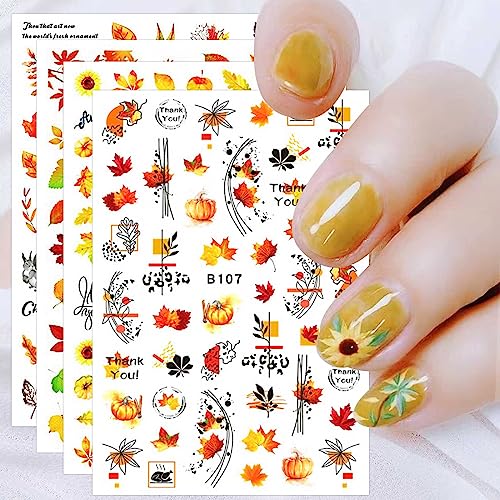 JMEOWIO 12 Sheets Fall Autumn Nail Art Stickers Decals Self-Adhesive Pegatinas Uñas Pumpkin Maple Leaf Thanksgiving Nail Supplies Nail Art Design Decoration Accessories