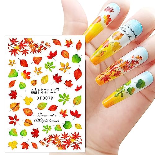 JMEOWIO 12 Sheets Fall Autumn Nail Art Stickers Decals Self-Adhesive Pegatinas Uñas Pumpkin Maple Leaf Thanksgiving Nail Supplies Nail Art Design Decoration Accessories