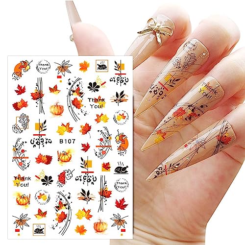 JMEOWIO 12 Sheets Fall Autumn Nail Art Stickers Decals Self-Adhesive Pegatinas Uñas Pumpkin Maple Leaf Thanksgiving Nail Supplies Nail Art Design Decoration Accessories