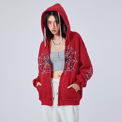 Women Halloween Coat Casual Hooded Long Sleeve Y2k Spider Web Zip Up Hoodie with Pockets Vintage Harajuku (Red, XL)