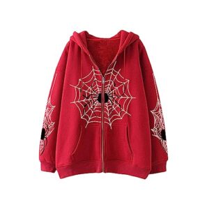 women halloween coat casual hooded long sleeve y2k spider web zip up hoodie with pockets vintage harajuku (red, xl)