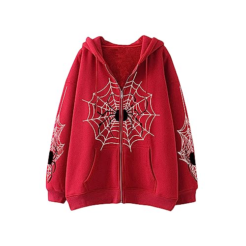 Women Halloween Coat Casual Hooded Long Sleeve Y2k Spider Web Zip Up Hoodie with Pockets Vintage Harajuku (Red, XL)