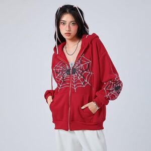 Women Halloween Coat Casual Hooded Long Sleeve Y2k Spider Web Zip Up Hoodie with Pockets Vintage Harajuku (Red, XL)