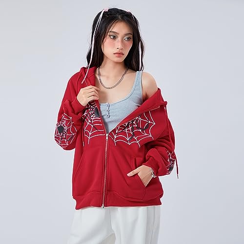 Women Halloween Coat Casual Hooded Long Sleeve Y2k Spider Web Zip Up Hoodie with Pockets Vintage Harajuku (Red, XL)