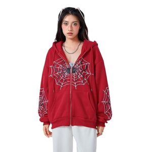 Women Halloween Coat Casual Hooded Long Sleeve Y2k Spider Web Zip Up Hoodie with Pockets Vintage Harajuku (Red, XL)