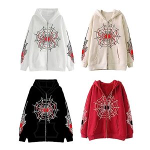 Women Halloween Coat Casual Hooded Long Sleeve Y2k Spider Web Zip Up Hoodie with Pockets Vintage Harajuku (Red, XL)