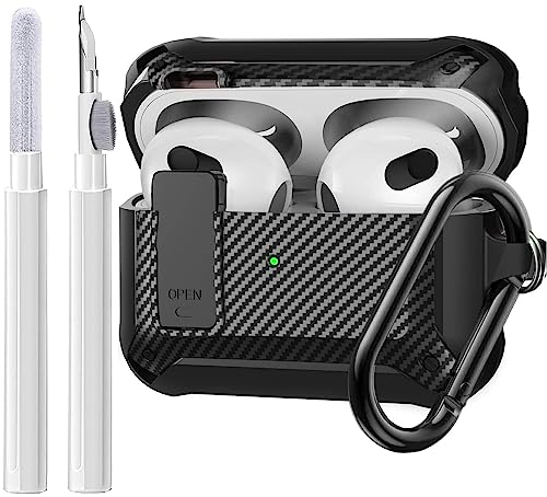 Olytop for Airpods 3rd Generation Case with Lock & Cleaner Tool, Armor Rugged Shell AirPod Gen 3 Protective Cover for Apple iPod 3rd Generation 2021 Skin with Keychain, Black