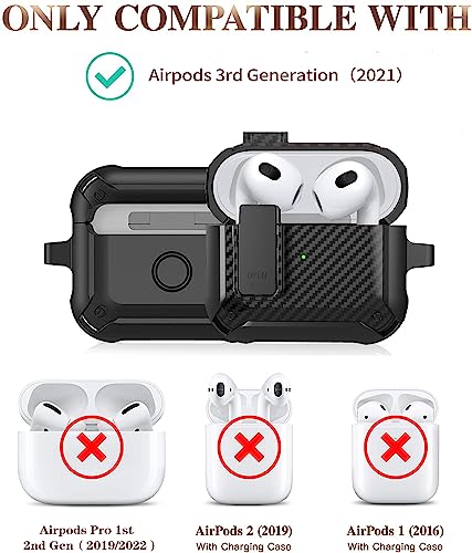 Olytop for Airpods 3rd Generation Case with Lock & Cleaner Tool, Armor Rugged Shell AirPod Gen 3 Protective Cover for Apple iPod 3rd Generation 2021 Skin with Keychain, Black