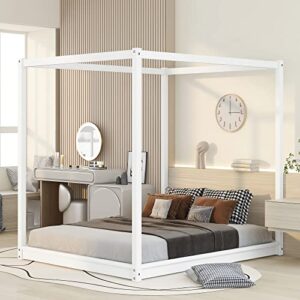 fiqhome queen size canopy platform bed with support legs,four-poster canopy platform bed frame with headboard, wooden queen bed with support legs,for kids teens adults, no box spring needed,white