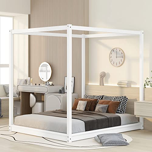 FIQHOME Queen Size Canopy Platform Bed with Support Legs,Four-Poster Canopy Platform Bed Frame with Headboard, Wooden Queen Bed with Support Legs,for Kids Teens Adults, No Box Spring Needed,White