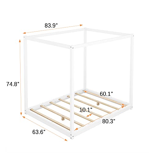 FIQHOME Queen Size Canopy Platform Bed with Support Legs,Four-Poster Canopy Platform Bed Frame with Headboard, Wooden Queen Bed with Support Legs,for Kids Teens Adults, No Box Spring Needed,White