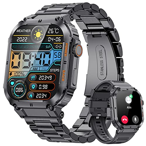 Smart Watch for Men Bluetooth Make Calls with 1.96in Big Screen 400mAh Long-Lasting Battery Message Reminder Voice Assistant IP68 Waterproof Rugged Sports Tracker Android iOS Stylish Men's Smartwatch