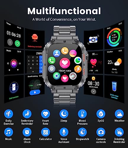 Smart Watch for Men Bluetooth Make Calls with 1.96in Big Screen 400mAh Long-Lasting Battery Message Reminder Voice Assistant IP68 Waterproof Rugged Sports Tracker Android iOS Stylish Men's Smartwatch