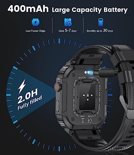 Smart Watch for Men Bluetooth Make Calls with 1.96in Big Screen 400mAh Long-Lasting Battery Message Reminder Voice Assistant IP68 Waterproof Rugged Sports Tracker Android iOS Stylish Men's Smartwatch