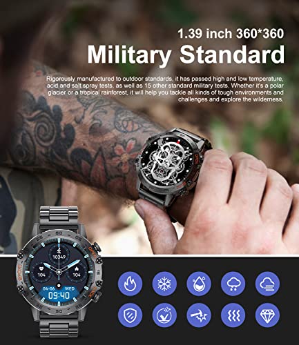 Military Smart Watch for Men,100 Sports Modes Smart Watches with Bluetooth Call (Answer/Dial Calls), 5ATM Waterproof Rugged Tactical Fitness Tracker 1.39''HD Smart Watch for iOS Android