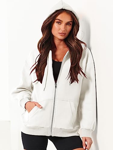 Prinbara Hoodies Jacket Coat for Women Long Sleeve Oversized Zip Up Fleece Sweatshirt Comfy Fall Clothes Y2K Trendy Top 9PA89-baise-L White