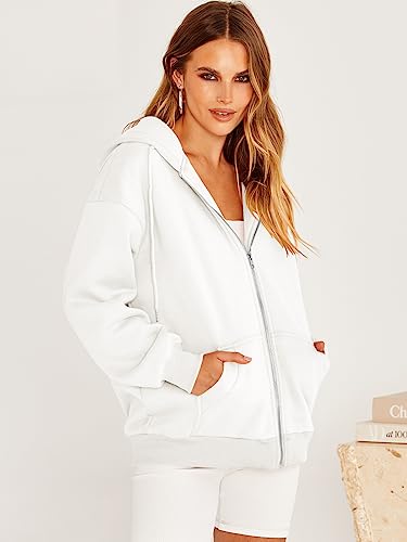 Prinbara Hoodies Jacket Coat for Women Long Sleeve Oversized Zip Up Fleece Sweatshirt Comfy Fall Clothes Y2K Trendy Top 9PA89-baise-L White