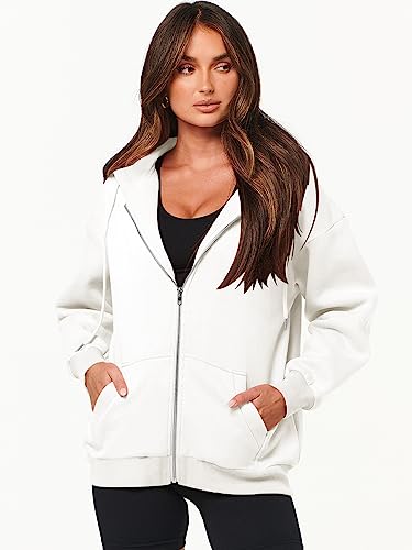 Prinbara Hoodies Jacket Coat for Women Long Sleeve Oversized Zip Up Fleece Sweatshirt Comfy Fall Clothes Y2K Trendy Top 9PA89-baise-L White