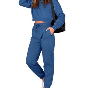 BTFBM Women 2 Piece Outfits 2023 Long Sleeve Crop Tops Tracksuit Drawstring Pant Jogger Set Casual Sweatsuits Pullover(Solid Lake Blue, Medium)