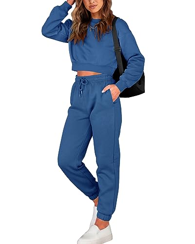 BTFBM Women 2 Piece Outfits 2023 Long Sleeve Crop Tops Tracksuit Drawstring Pant Jogger Set Casual Sweatsuits Pullover(Solid Lake Blue, Medium)