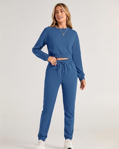 BTFBM Women 2 Piece Outfits 2023 Long Sleeve Crop Tops Tracksuit Drawstring Pant Jogger Set Casual Sweatsuits Pullover(Solid Lake Blue, Medium)