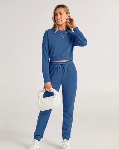 BTFBM Women 2 Piece Outfits 2023 Long Sleeve Crop Tops Tracksuit Drawstring Pant Jogger Set Casual Sweatsuits Pullover(Solid Lake Blue, Medium)