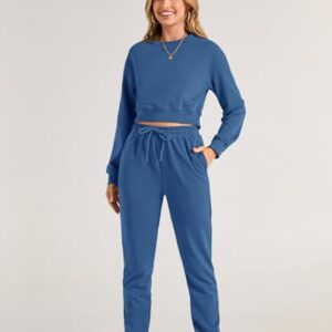 BTFBM Women 2 Piece Outfits 2023 Long Sleeve Crop Tops Tracksuit Drawstring Pant Jogger Set Casual Sweatsuits Pullover(Solid Lake Blue, Medium)