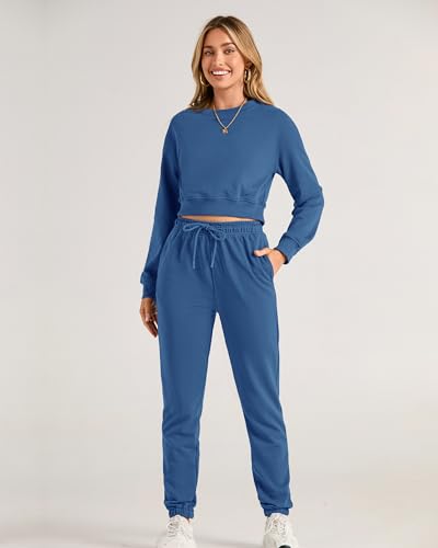 BTFBM Women 2 Piece Outfits 2023 Long Sleeve Crop Tops Tracksuit Drawstring Pant Jogger Set Casual Sweatsuits Pullover(Solid Lake Blue, Medium)