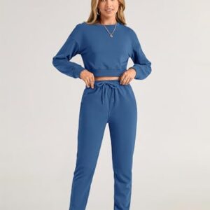 BTFBM Women 2 Piece Outfits 2023 Long Sleeve Crop Tops Tracksuit Drawstring Pant Jogger Set Casual Sweatsuits Pullover(Solid Lake Blue, Medium)