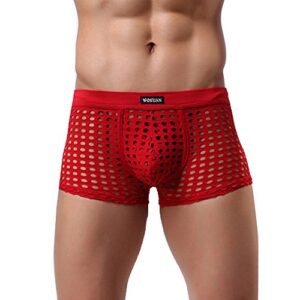 Men Boxer Briefs Round Hole Hollow Stretch Pouch Breathable Quick-Dry Sexy Underwear Mid Waist Fashion Trunks Underpants Red