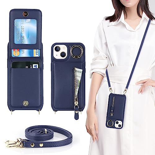 DEYHU iPhone 13 Mini Case with Card Holder for Women, iPhone 13 Mini Phone Case Wallet with Strap Credit Card Slots Crossbody with Kickstand Zipper Case for iPhone13mini - Blue