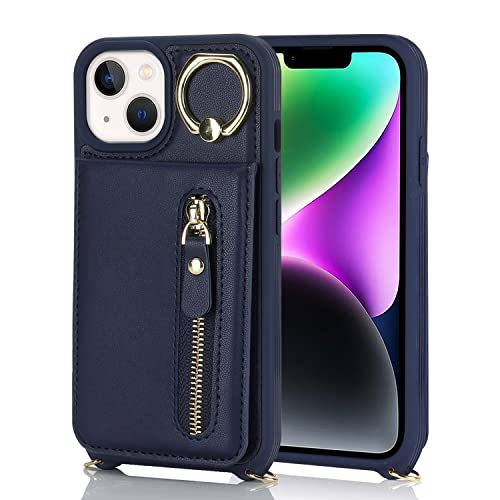 DEYHU iPhone 13 Mini Case with Card Holder for Women, iPhone 13 Mini Phone Case Wallet with Strap Credit Card Slots Crossbody with Kickstand Zipper Case for iPhone13mini - Blue