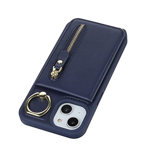 DEYHU iPhone 13 Mini Case with Card Holder for Women, iPhone 13 Mini Phone Case Wallet with Strap Credit Card Slots Crossbody with Kickstand Zipper Case for iPhone13mini - Blue