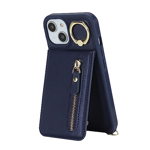 DEYHU iPhone 13 Mini Case with Card Holder for Women, iPhone 13 Mini Phone Case Wallet with Strap Credit Card Slots Crossbody with Kickstand Zipper Case for iPhone13mini - Blue