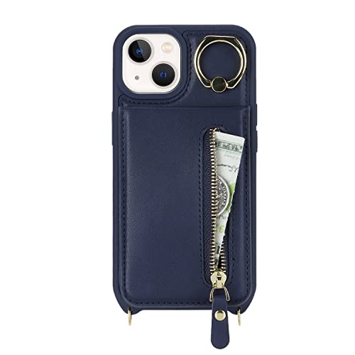 DEYHU iPhone 13 Mini Case with Card Holder for Women, iPhone 13 Mini Phone Case Wallet with Strap Credit Card Slots Crossbody with Kickstand Zipper Case for iPhone13mini - Blue