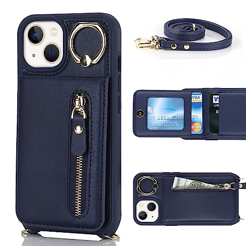 DEYHU iPhone 13 Mini Case with Card Holder for Women, iPhone 13 Mini Phone Case Wallet with Strap Credit Card Slots Crossbody with Kickstand Zipper Case for iPhone13mini - Blue