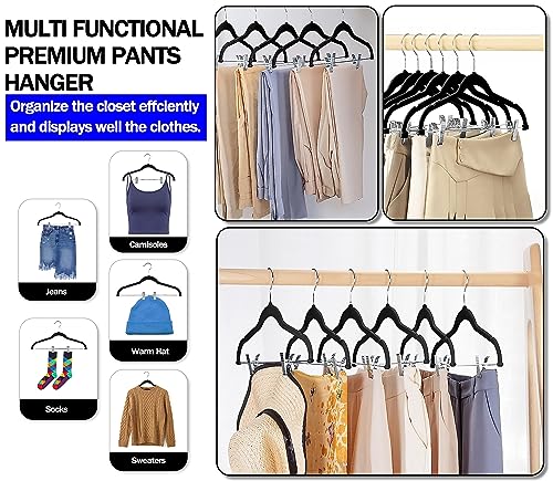 GVTECH Velvet Hangers with Clips, [24 Pack] Metal Clip Hangers for Pants - Notched Velvet Skirt Hangers for Pants, Skirts, Suit, Dresses & Shirts 360° Swivel Hook - Non Slip Felt Hangers (Black)