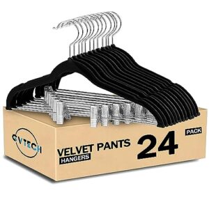 gvtech velvet hangers with clips, [24 pack] metal clip hangers for pants - notched velvet skirt hangers for pants, skirts, suit, dresses & shirts 360° swivel hook - non slip felt hangers (black)