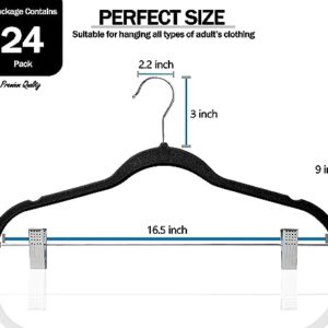 GVTECH Velvet Hangers with Clips, [24 Pack] Metal Clip Hangers for Pants - Notched Velvet Skirt Hangers for Pants, Skirts, Suit, Dresses & Shirts 360° Swivel Hook - Non Slip Felt Hangers (Black)