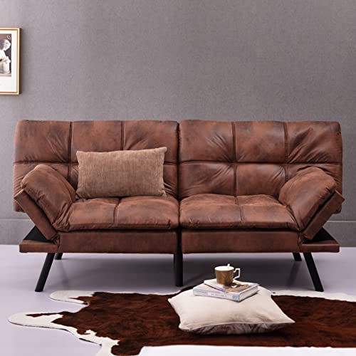 RITSU Futon Bed/71 L,Sleeper Memory Foam Sofa Bed, Daybed with Adjustable Armrests, Faux Leather/3" Cushion Thicker Version Couch for Living Room Apartment Office, Brown