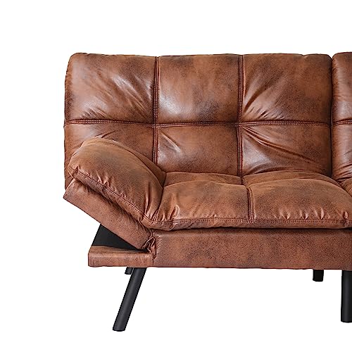 RITSU Futon Bed/71 L,Sleeper Memory Foam Sofa Bed, Daybed with Adjustable Armrests, Faux Leather/3" Cushion Thicker Version Couch for Living Room Apartment Office, Brown